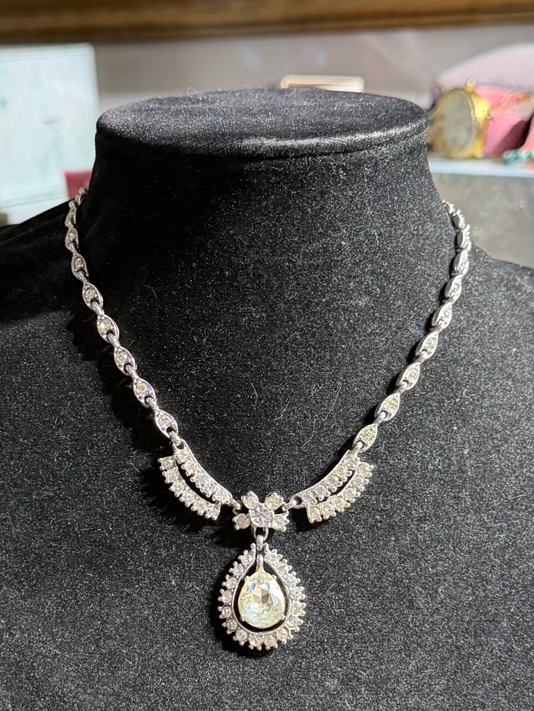Vintage Bogoff Silver Tone Teardrop Clear Crystal Necklace